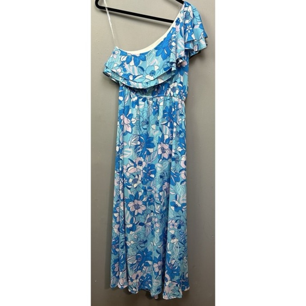Emily Wonder One-shoulder Blue Maxi Dress Womens Medium Floral‎ Long Cottage